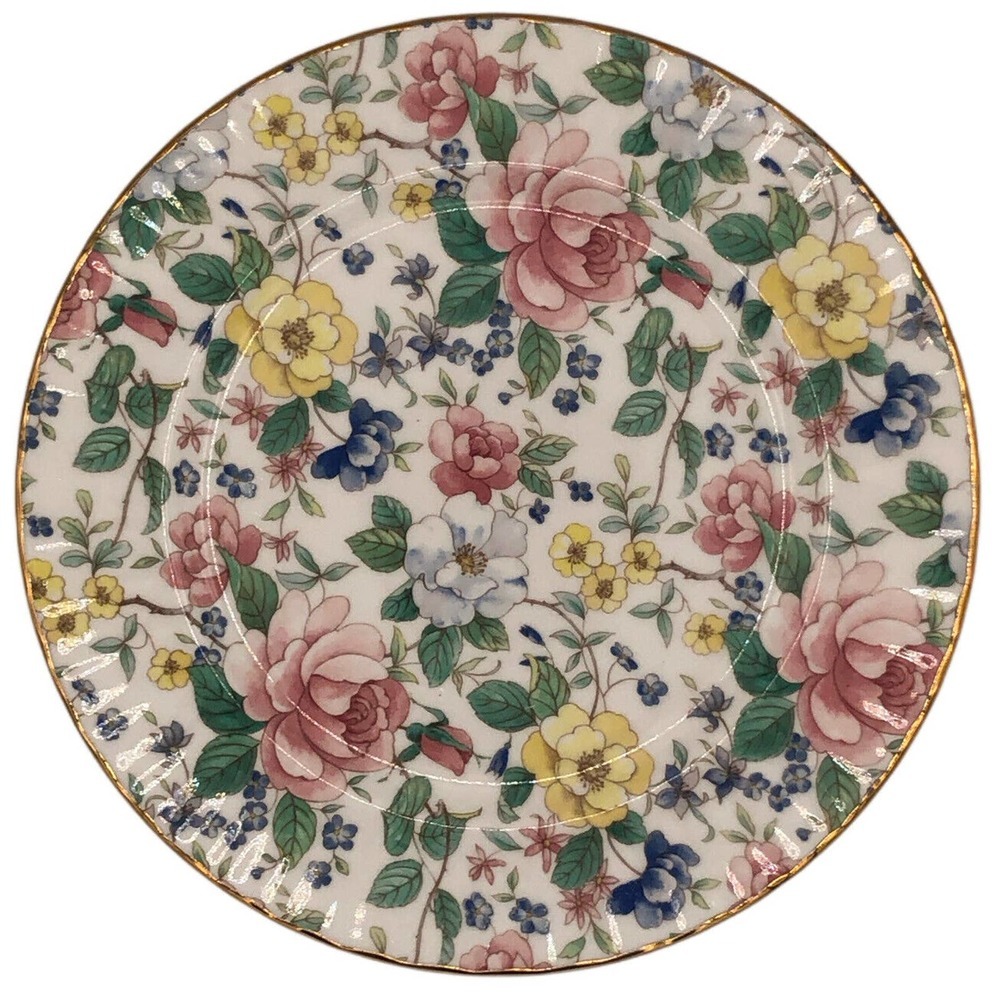 Rose Dessert Plate Allyn Nelson England Floral Porcelain China Red Pink Gold